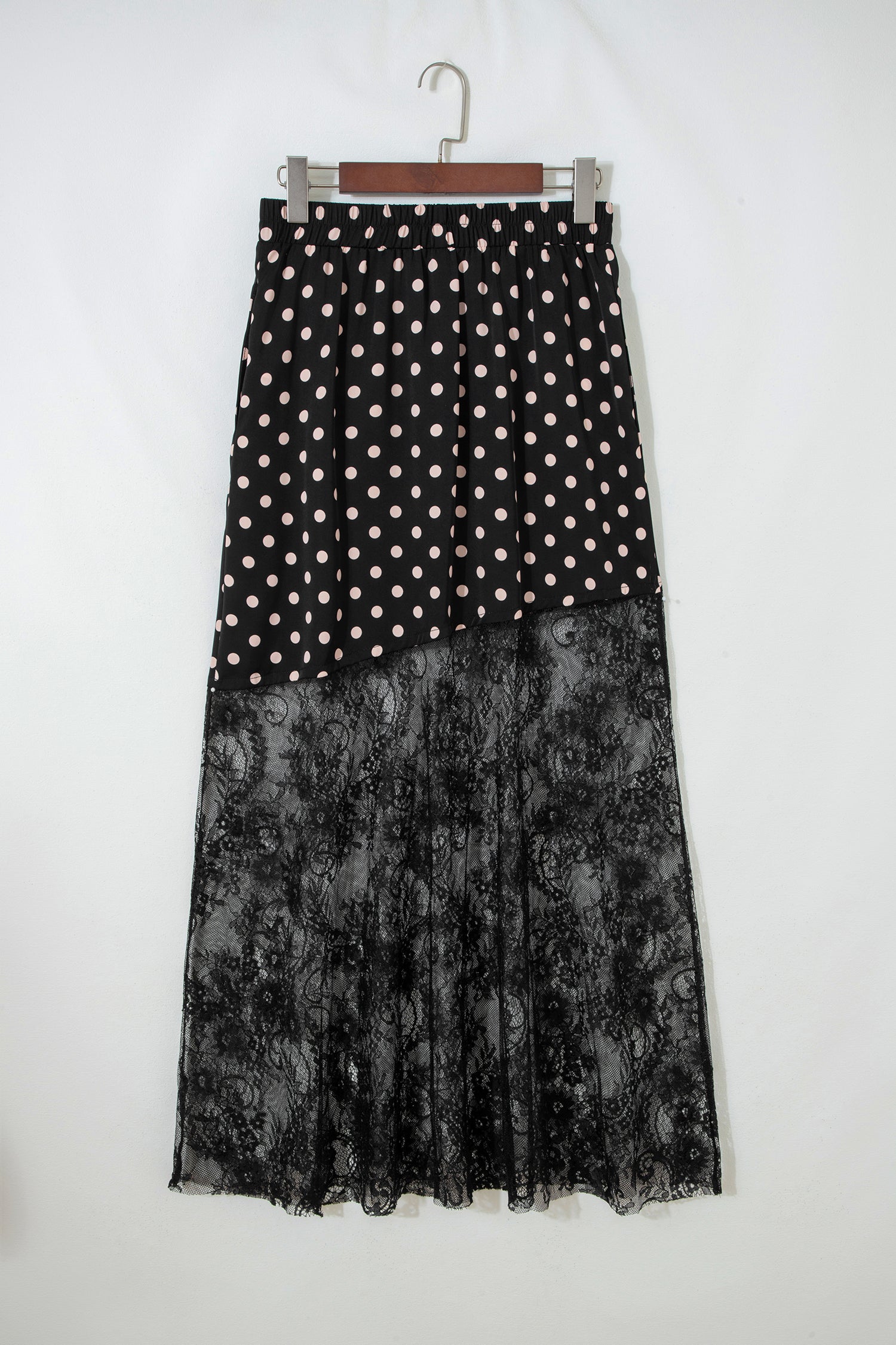 Black Asymmetric Polka Dot Print Sheer Lace Patchwork Maxi Skirt