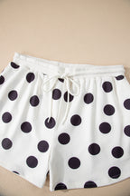 Beige Polka Dot Print Drop Shoulder Pullover Drawstring Shorts Set