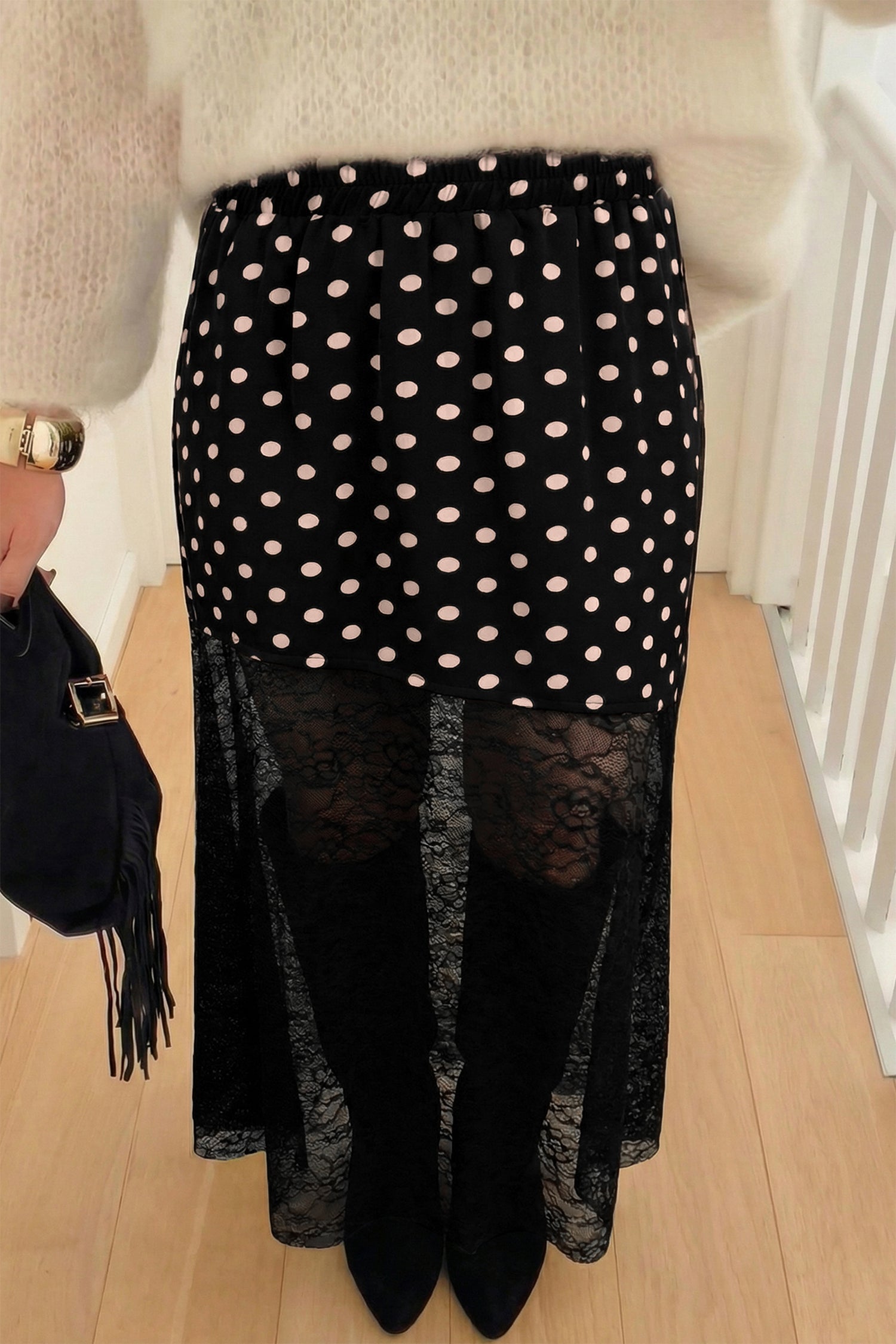 Black Asymmetric Polka Dot Print Sheer Lace Patchwork Maxi Skirt