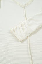 Beige Thermal Knit Lace Ruched Patchwork Long Sleeve V Neck Top