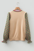 Apricot Floral Patchwork Shirred Cuff Puff Sleeve Sweater