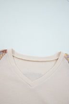 Beige Paisley Ethnic Print Contrast Patchwork Long Sleeve Loose Top