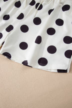 Beige Polka Dot Print Drop Shoulder Pullover Drawstring Shorts Set
