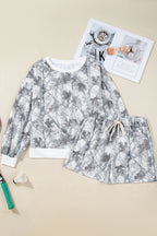 Light Grey Abstract Woodland Camo Print Baggy Pullover Drawstring Shorts Set