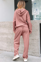 Rose Tan Lace Drawstring Pullover Hoodie and High Waist Pants Corduroy Suit