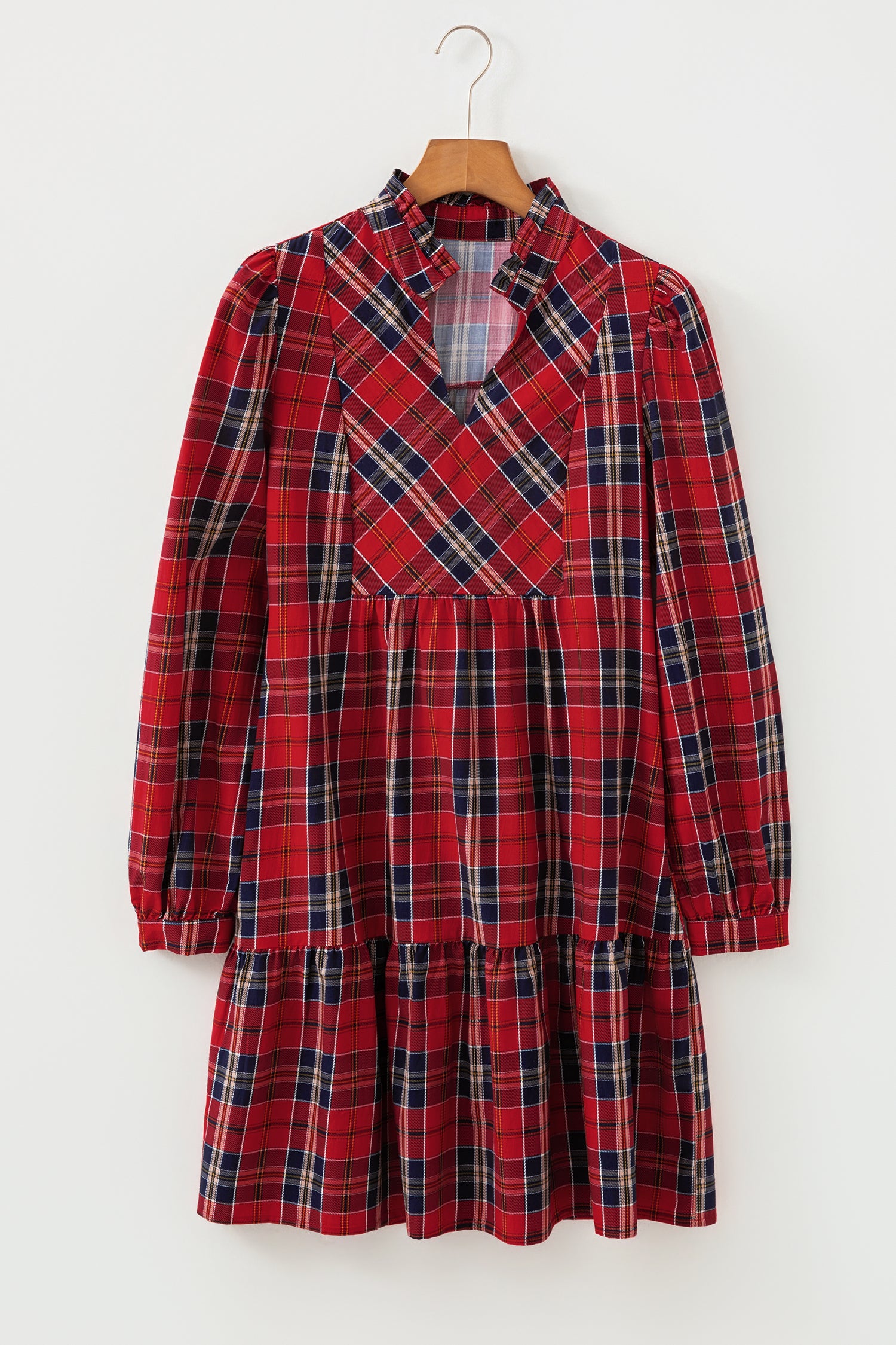 Red Plaid Print Frilly Collar Long Sleeve Shift Mini Dress