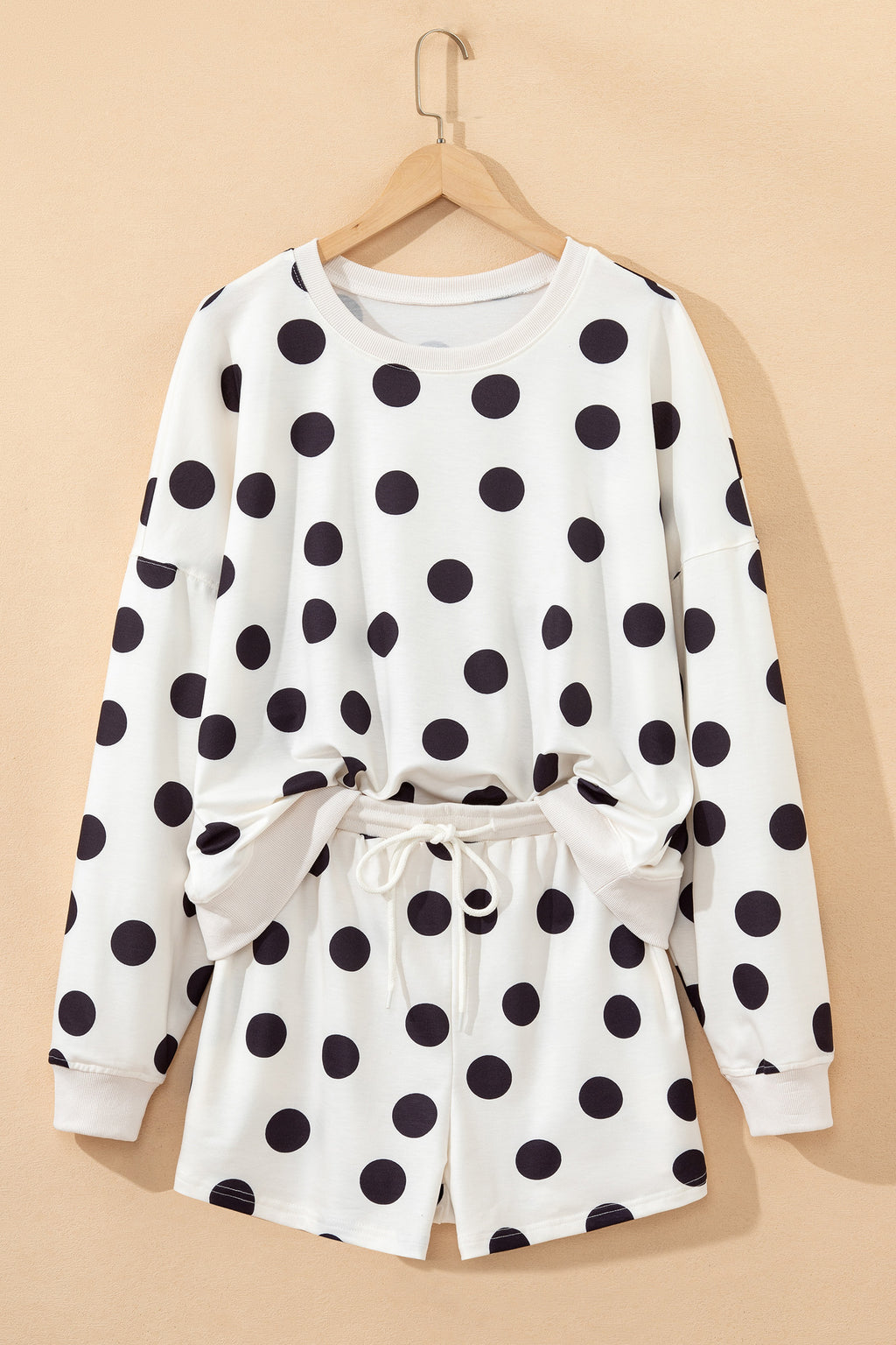 Beige Polka Dot Print Drop Shoulder Pullover Drawstring Shorts Set