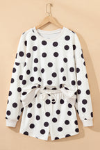 Beige Polka Dot Print Drop Shoulder Pullover Drawstring Shorts Set