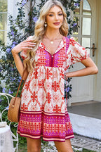 Rose Boho Floral Short Sleeve Lace-up V Neck Mini Dress