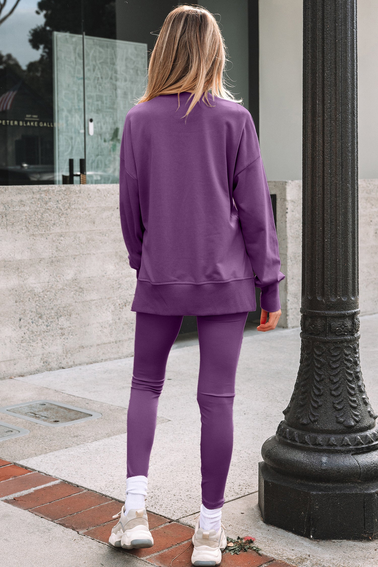 Orchid Mist Solid Color Oversize Slit Sweatshirt Ribbed Leggings 2pcs Set