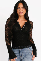 Black Sheer Lace Long Sleeve Slim Henley Top