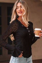 Black Sheer Lace Long Sleeve Slim Henley Top
