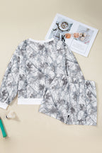 Light Grey Abstract Woodland Camo Print Baggy Pullover Drawstring Shorts Set