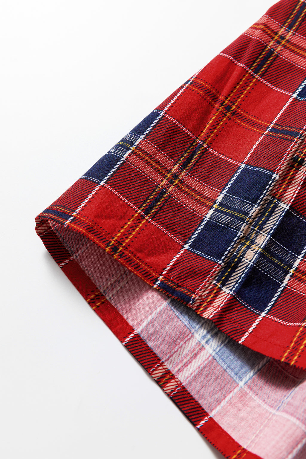 Red Plaid Print Frilly Collar Long Sleeve Shift Mini Dress