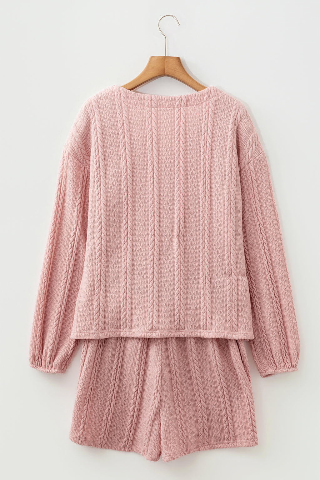 Gossamer Pink Cable Knit V Neck Cardigan Shorts Set