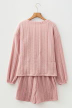 Gossamer Pink Cable Knit V Neck Cardigan Shorts Set