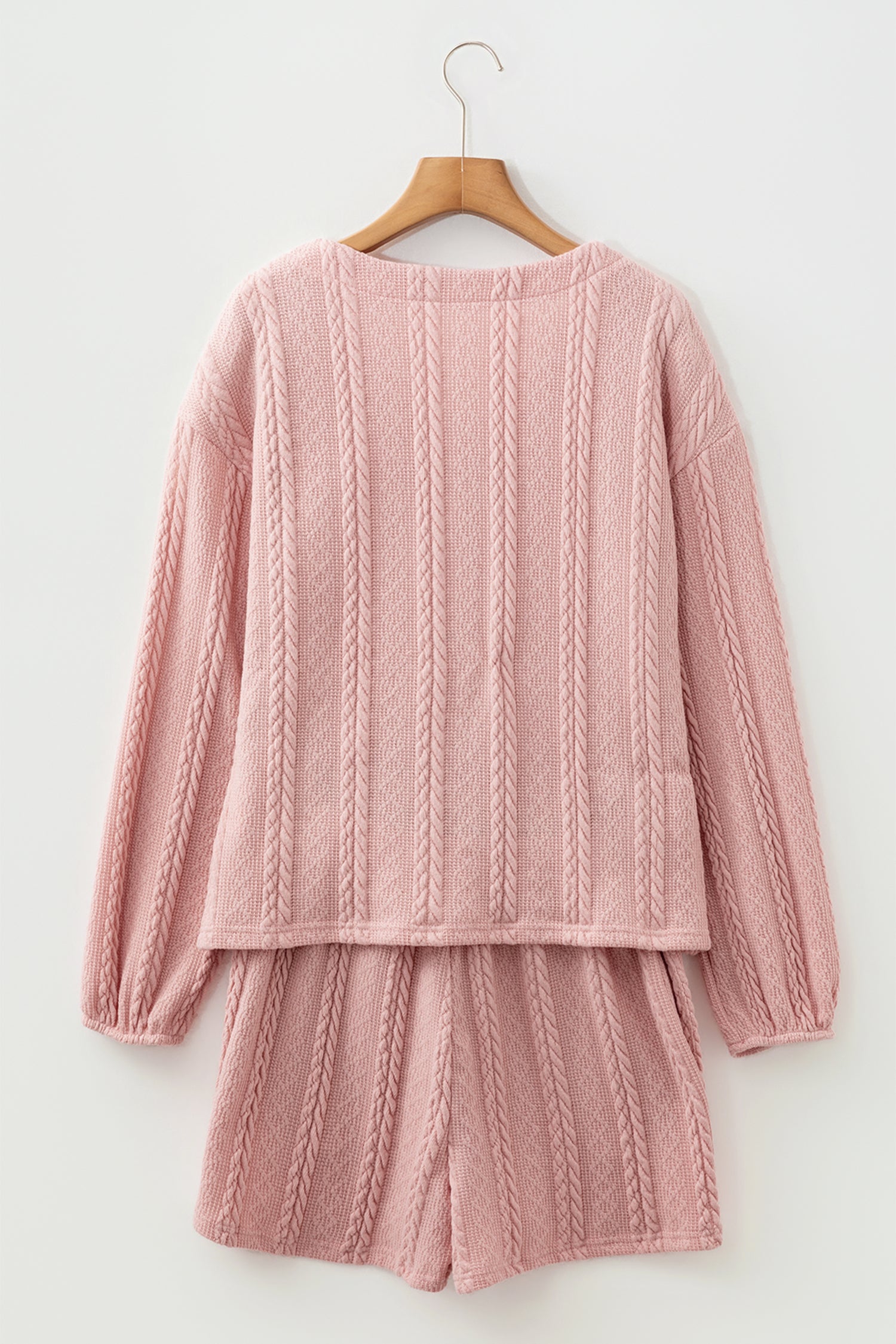 Gossamer Pink Cable Knit V Neck Cardigan Shorts Set