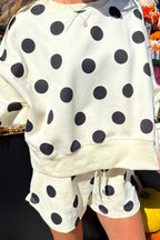 Beige Polka Dot Print Drop Shoulder Pullover Drawstring Shorts Set