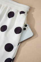 Beige Polka Dot Print Drop Shoulder Pullover Drawstring Shorts Set