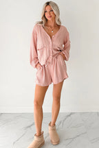 Gossamer Pink Cable Knit V Neck Cardigan Shorts Set