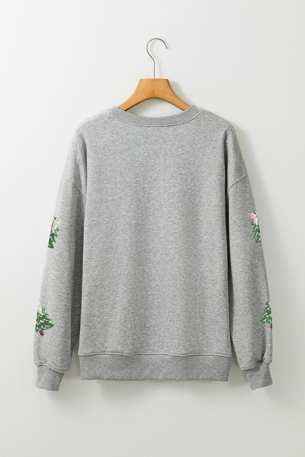 Gray Sequined Xmas Tree Patched Patterned Holiday Pullover Sweatshirt