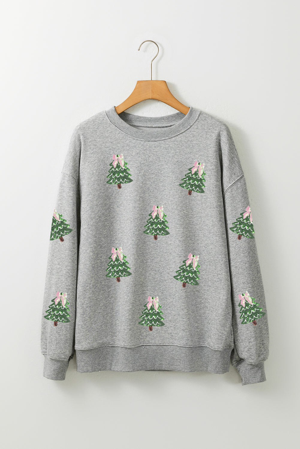 Gray Sequined Xmas Tree Patched Patterned Holiday Pullover Sweatshirt