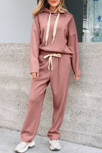 Rose Tan Lace Drawstring Pullover Hoodie and High Waist Pants Corduroy Suit