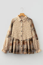 Oatmeal Boho Floral Plaid Patchwork Distressed Detail Ruffled Sleeve Waffle Knit Shacket