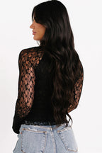 Black Sheer Lace Long Sleeve Slim Henley Top