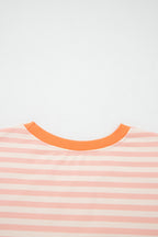 Pink Stripe Contrast Neck Loose Tee and Drawstring Shorts Set