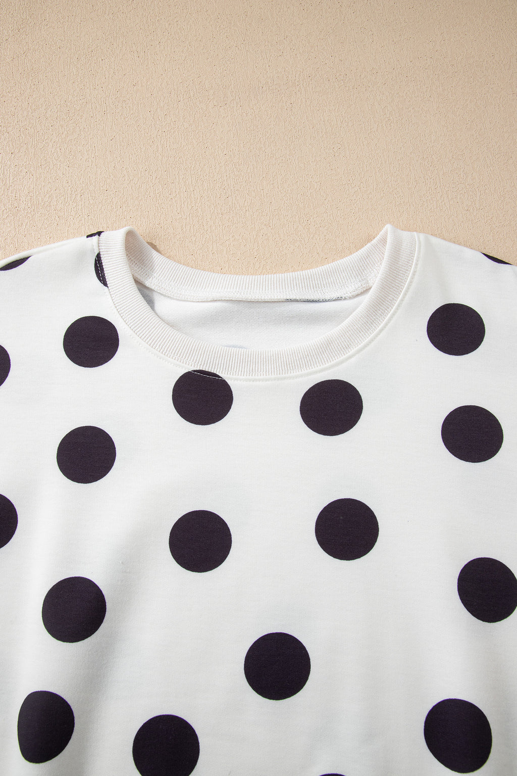 Beige Polka Dot Print Drop Shoulder Pullover Drawstring Shorts Set