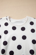 Beige Polka Dot Print Drop Shoulder Pullover Drawstring Shorts Set