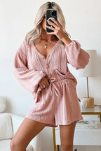 Gossamer Pink Cable Knit V Neck Cardigan Shorts Set