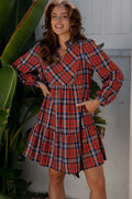 Red Plaid Print Frilly Collar Long Sleeve Shift Mini Dress