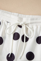 Beige Polka Dot Print Drop Shoulder Pullover Drawstring Shorts Set
