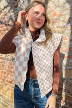 Khaki Contrast Plaid Quilted Button Zip Up Vest