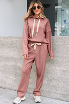 Rose Tan Lace Drawstring Pullover Hoodie and High Waist Pants Corduroy Suit