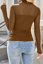 Coffee Sheer Mesh Patchwork High Neck Long Sleeve Top