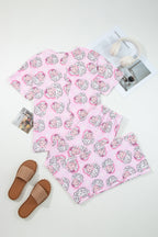 Pink Santa Claus Print V Neck Tee Drawstring Pants 2pcs Lounge Set