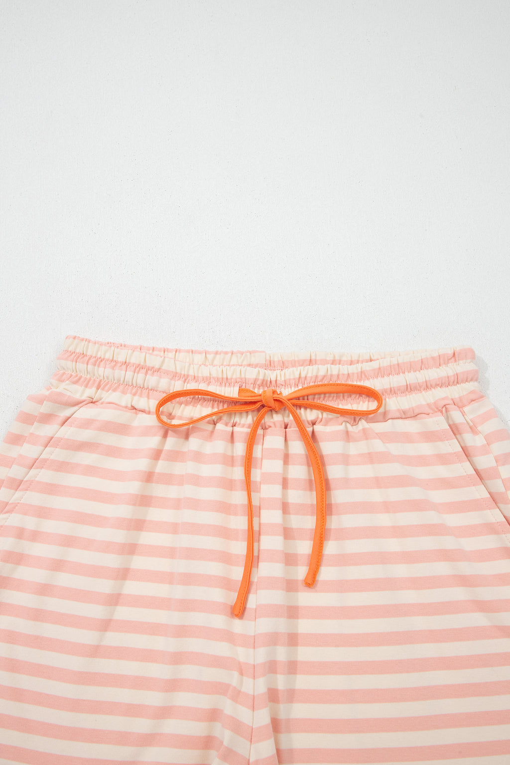 Pink Stripe Contrast Neck Loose Tee and Drawstring Shorts Set