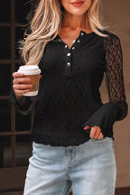 Black Sheer Lace Long Sleeve Slim Henley Top