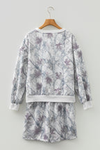 Light Grey Abstract Woodland Camo Print Baggy Pullover Drawstring Shorts Set