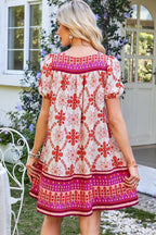 Rose Boho Floral Short Sleeve Lace-up V Neck Mini Dress