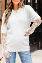 Beige Lace Sleeve Patchwork Faux Two-piece Fuzzy Sweater
