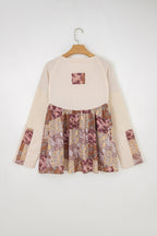 Beige Paisley Ethnic Print Contrast Patchwork Long Sleeve Loose Top