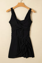 Black Adjustable Straps Cutout Ruched Knot Slit One Piece Swim Dress