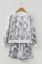 Light Grey Abstract Woodland Camo Print Baggy Pullover Drawstring Shorts Set