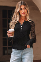 Black Sheer Lace Long Sleeve Slim Henley Top